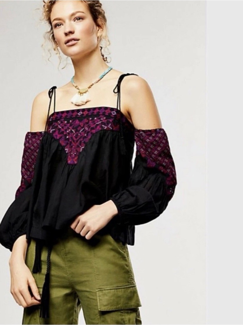 Free People Vacay Vibin Cold-Shoulder Embroidered Peasant Top in Black and Plum